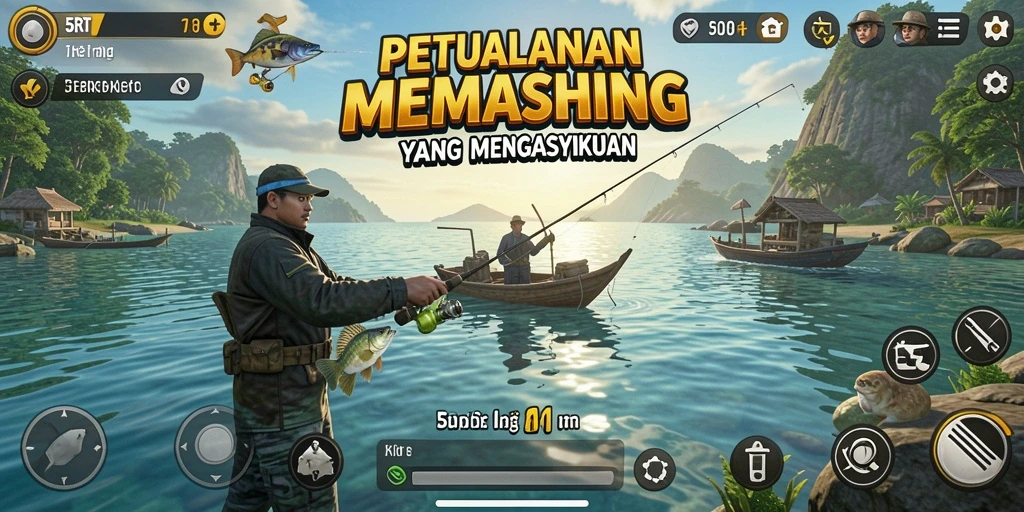 Tampilan gameplay 5RT yang realistis dengan berbagai ikan dan pemandangan indah.