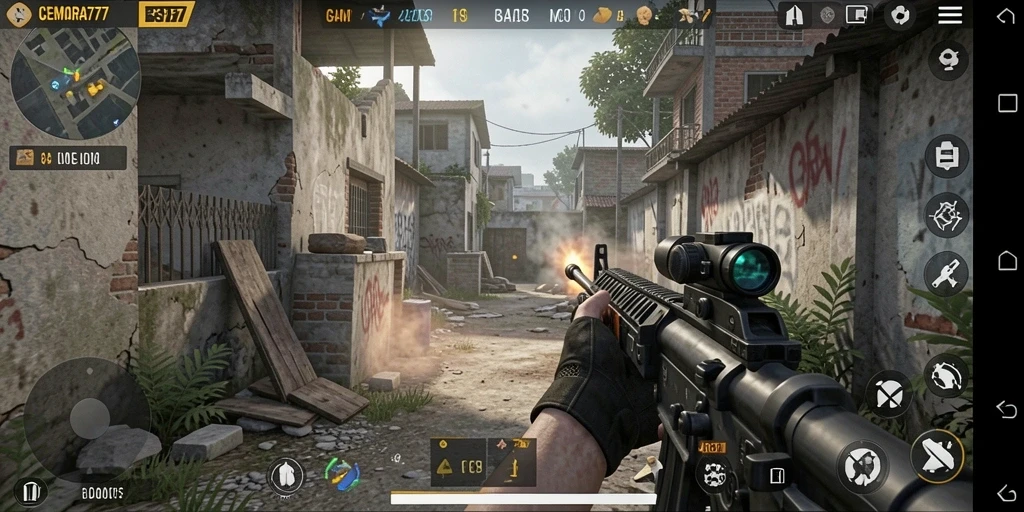 Screenshot mendemonstrasikan aksi seru di dalam game FPS.