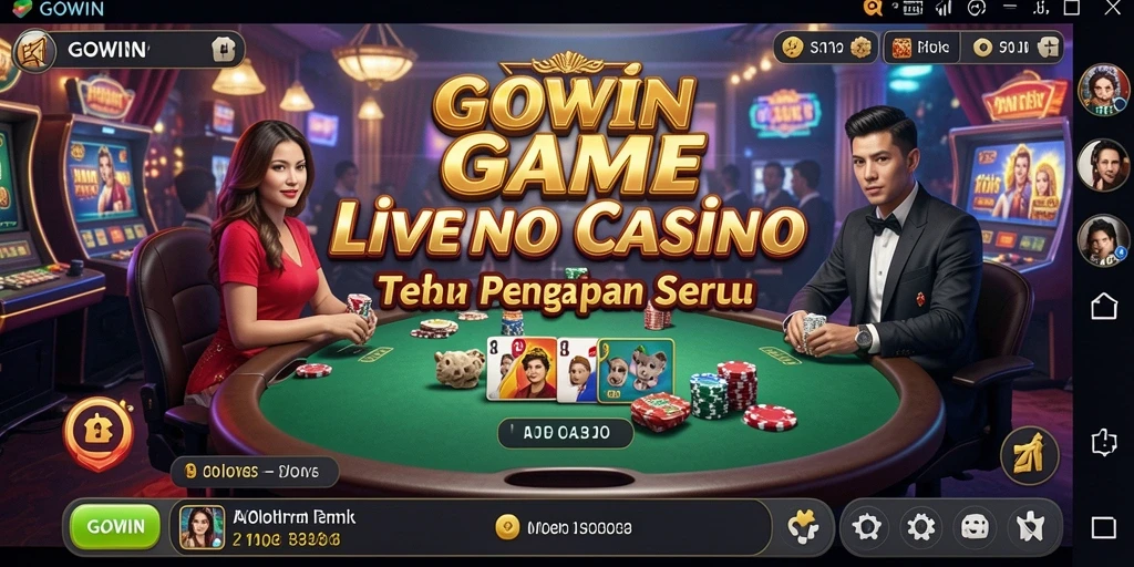 Screenshot gameplay GOWIN yang menampilkan dealer langsung dan suasana kasino.