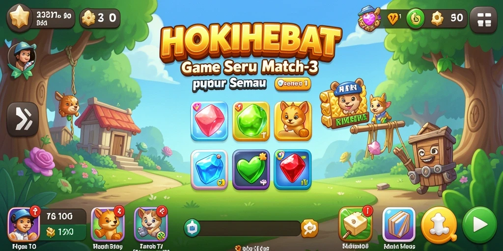 Tampilkan gameplay seru HOKIHEBAT dengan permata berwarna-warni.