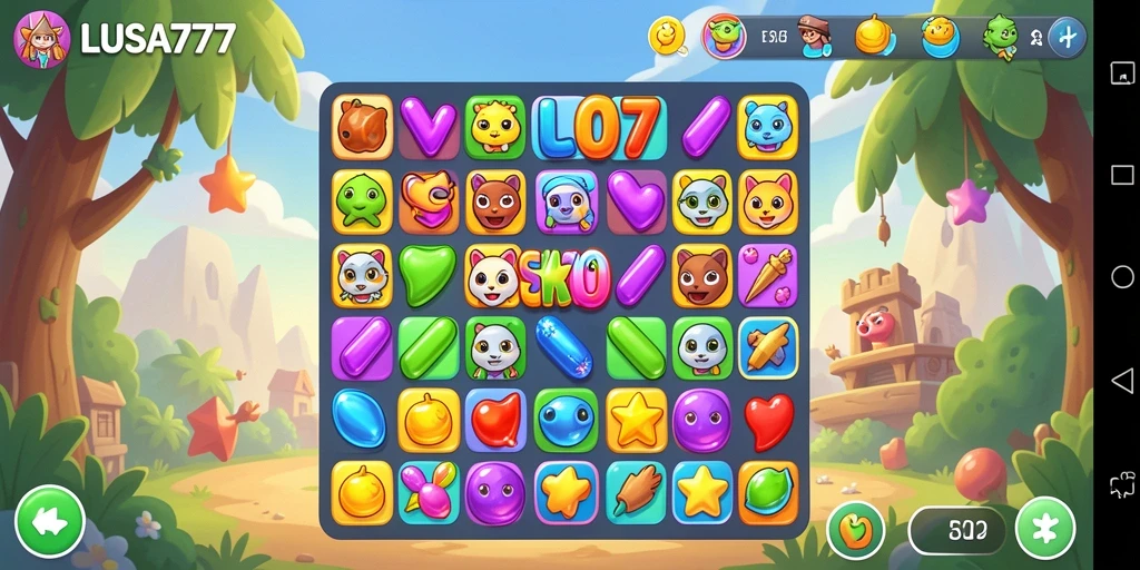 Tampilan gameplay LUSA777 menampilkan keseruan permainan Match-3 yang penuh warna.