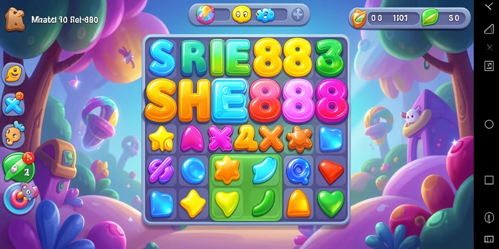 Screenshot gameplay SHE888 menunjukkan aksi Match-3 penuh warna.