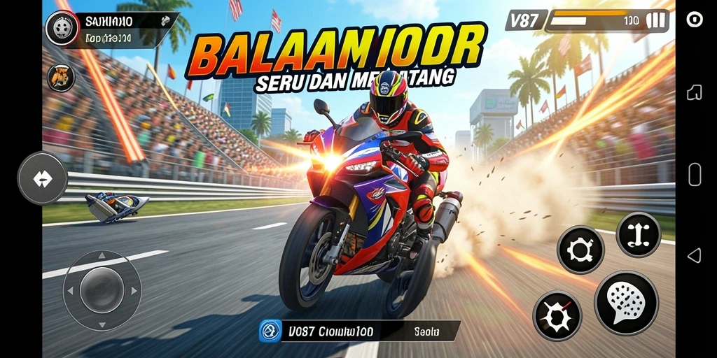 Tampilan gameplay seru V87 dengan balapan motor yang penuh tantangan.